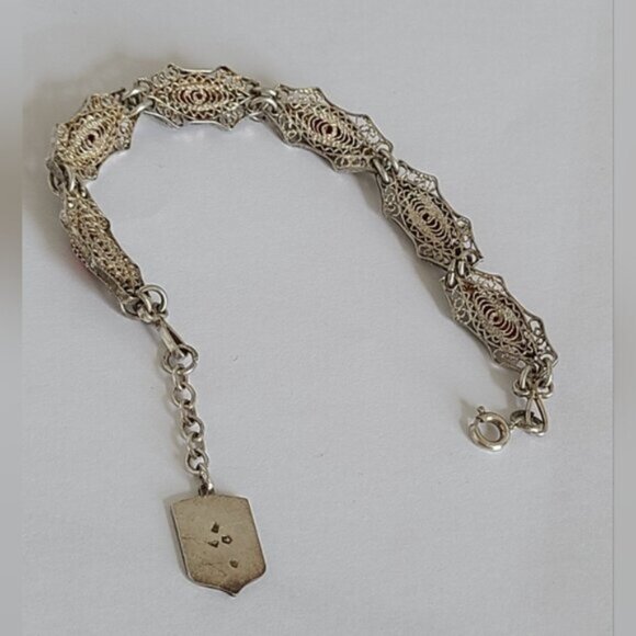 Vintage Antique Boho Sterling Silver Red Coral Cabochon Filigree Chain Bracelet - Picture 14 of 15